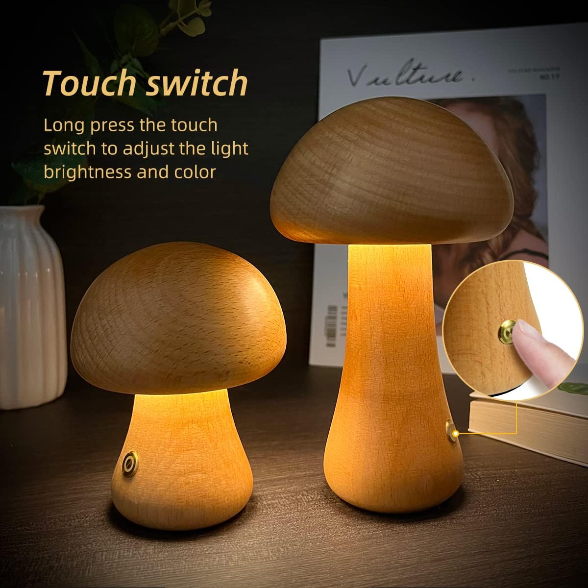 LUMONIGHT | Wooden Mushroom LED Night Light with Touch Switch | Atmospheric Lighting | Child Friendly Lamp | elesira