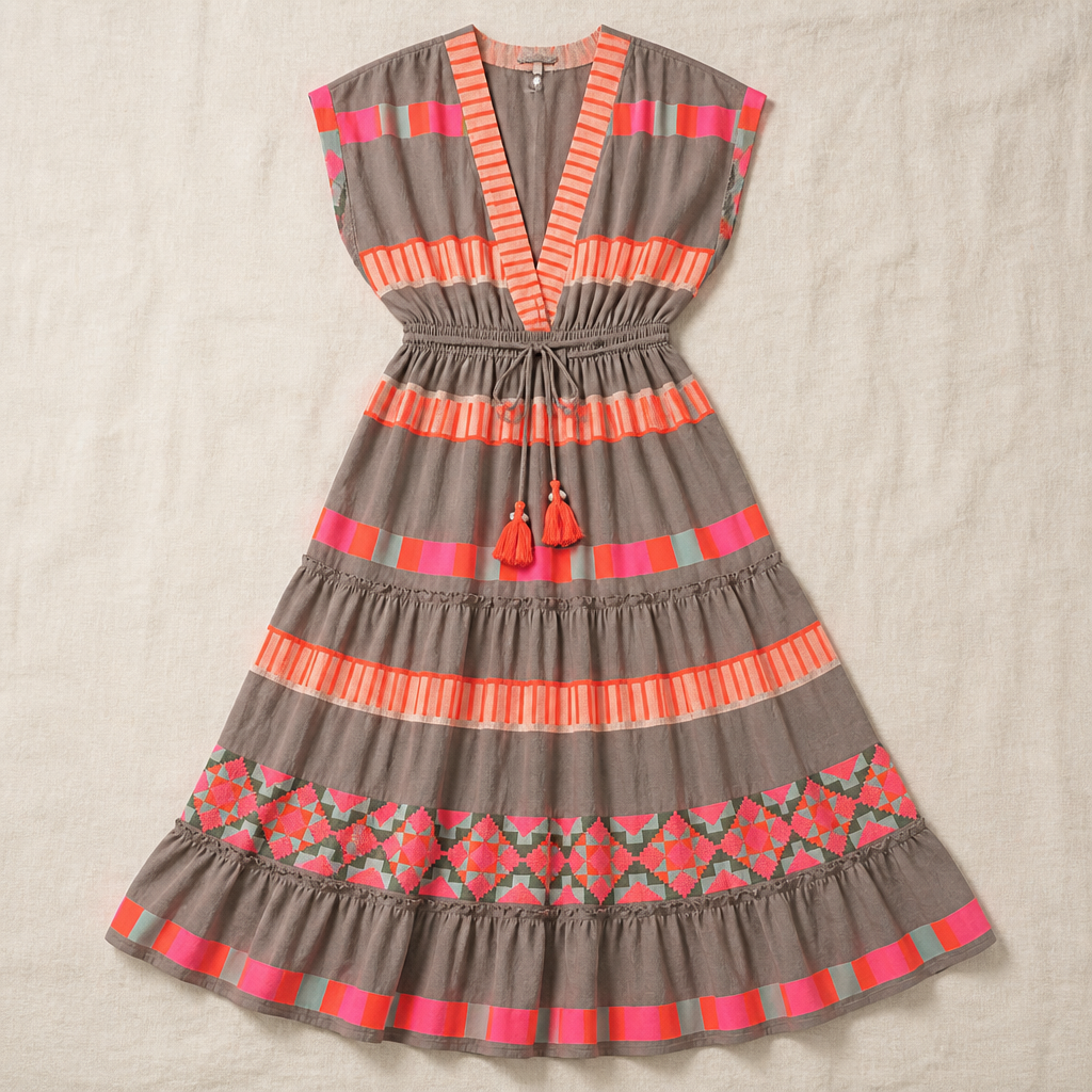 Solana – Bohemian maxi-jurk met V-hals, laagjes en strik met kwastjes in print | elesira