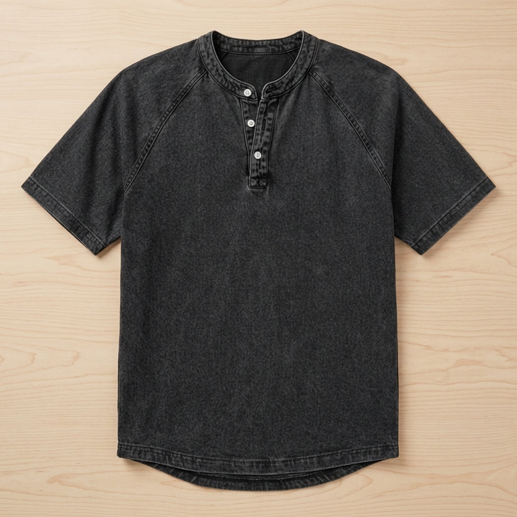 VesperLoom – Vintage Mineral-Wash Raglan Henley Tee | elesira