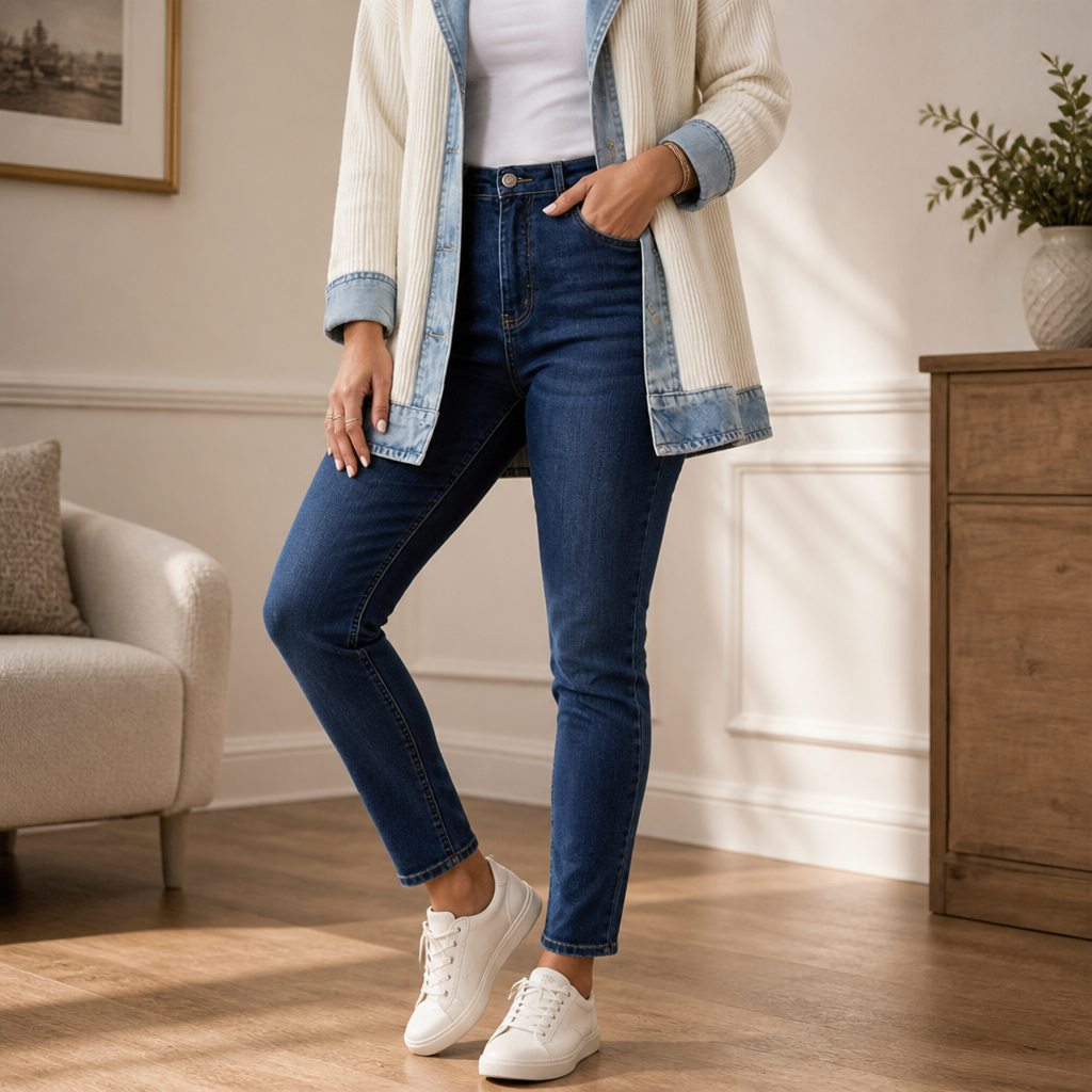 SolaceRidge – Weiche gerippte Strickjacke mit kontrastierendem Denim-Besatz | elesira