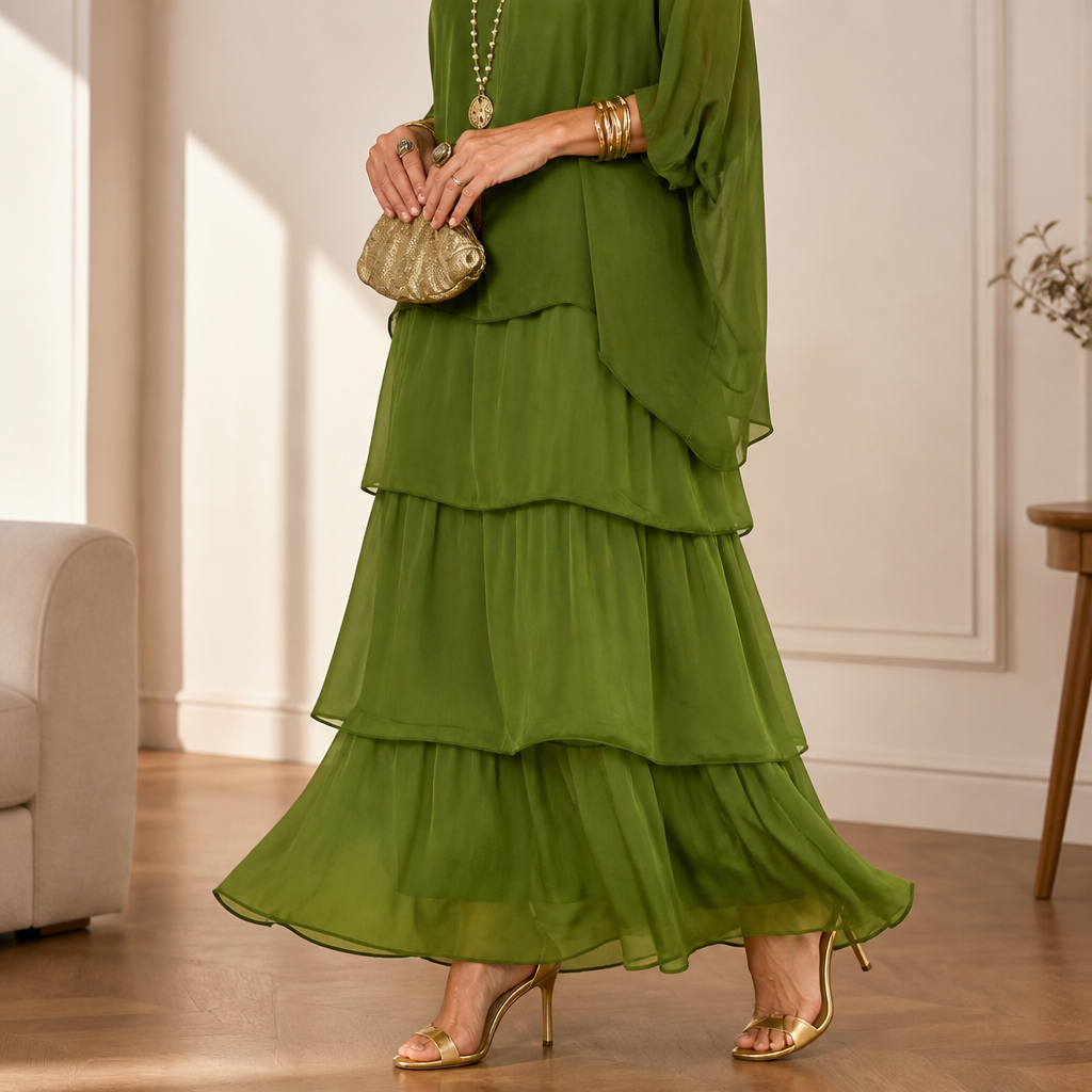 VeroLuxe – Flowy Tiered Maxi Dress with Cape Sleeves | elesira