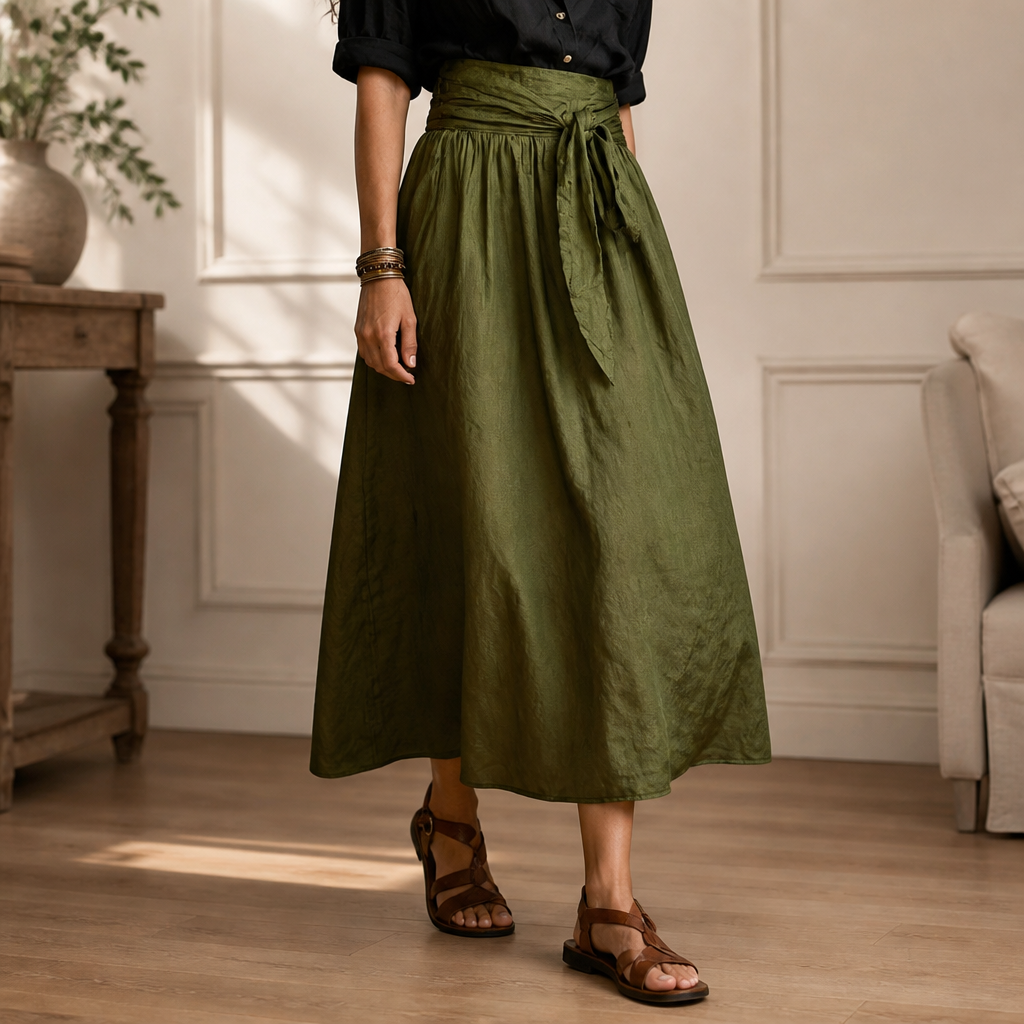 Veloura – Ensemble décontracté composé d’une chemise en lin et d’une jupe midi olive à taille nouée | elesira