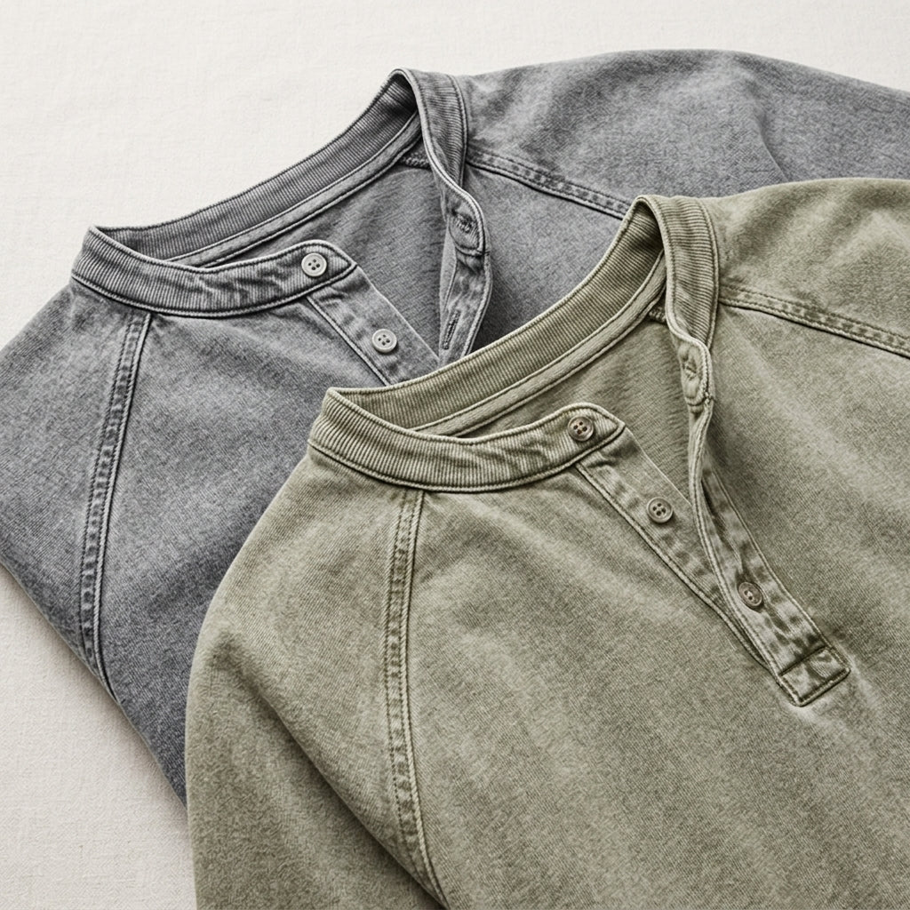 VesperLoom – Vintage Mineral-Wash Raglan Henley Tee | elesira