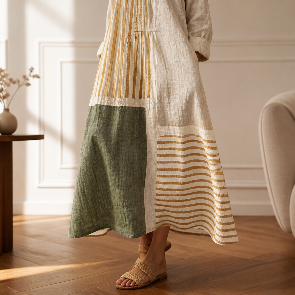 ZephyraFlow – Relaxed Striped Patchwork Linen Maxi Dress | elesira