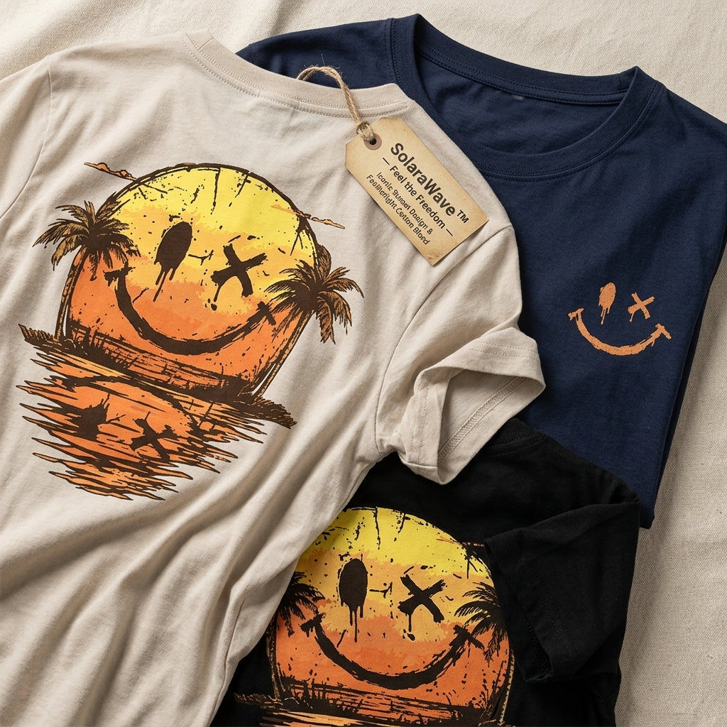 SolaraWave – Retro Sunset Smiley Graphic Tee with Front & Back Print | elesira