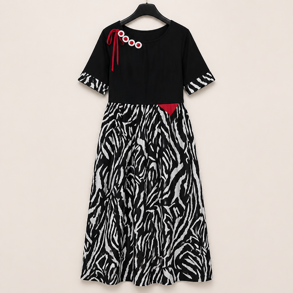 VeraNite – Auffälliges Maxikleid mit Zebra-Patchwork und rotem Akzentdetail | elesira
