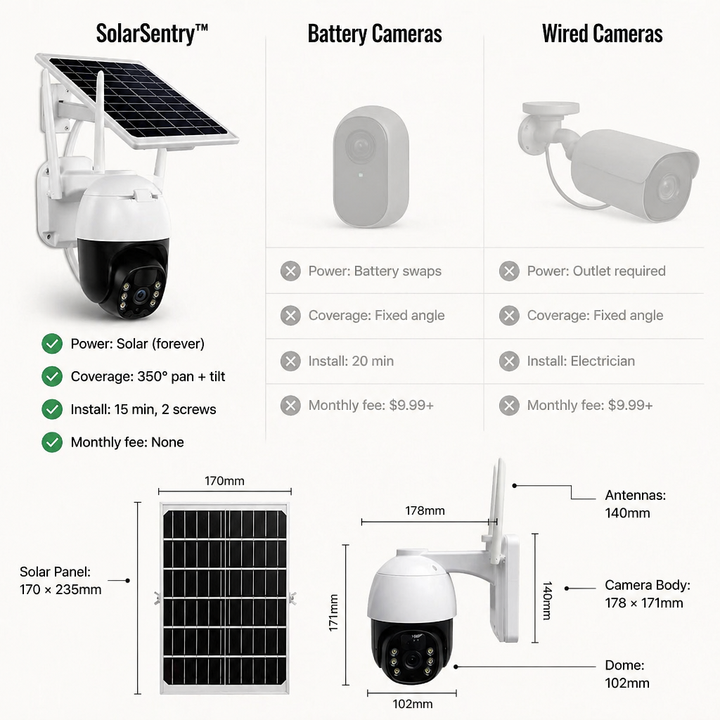 SolarSentry Wireless Outdoor Camera | Monitor Every Blind Spot Around the Clock, No Cables, No Fees | elesira