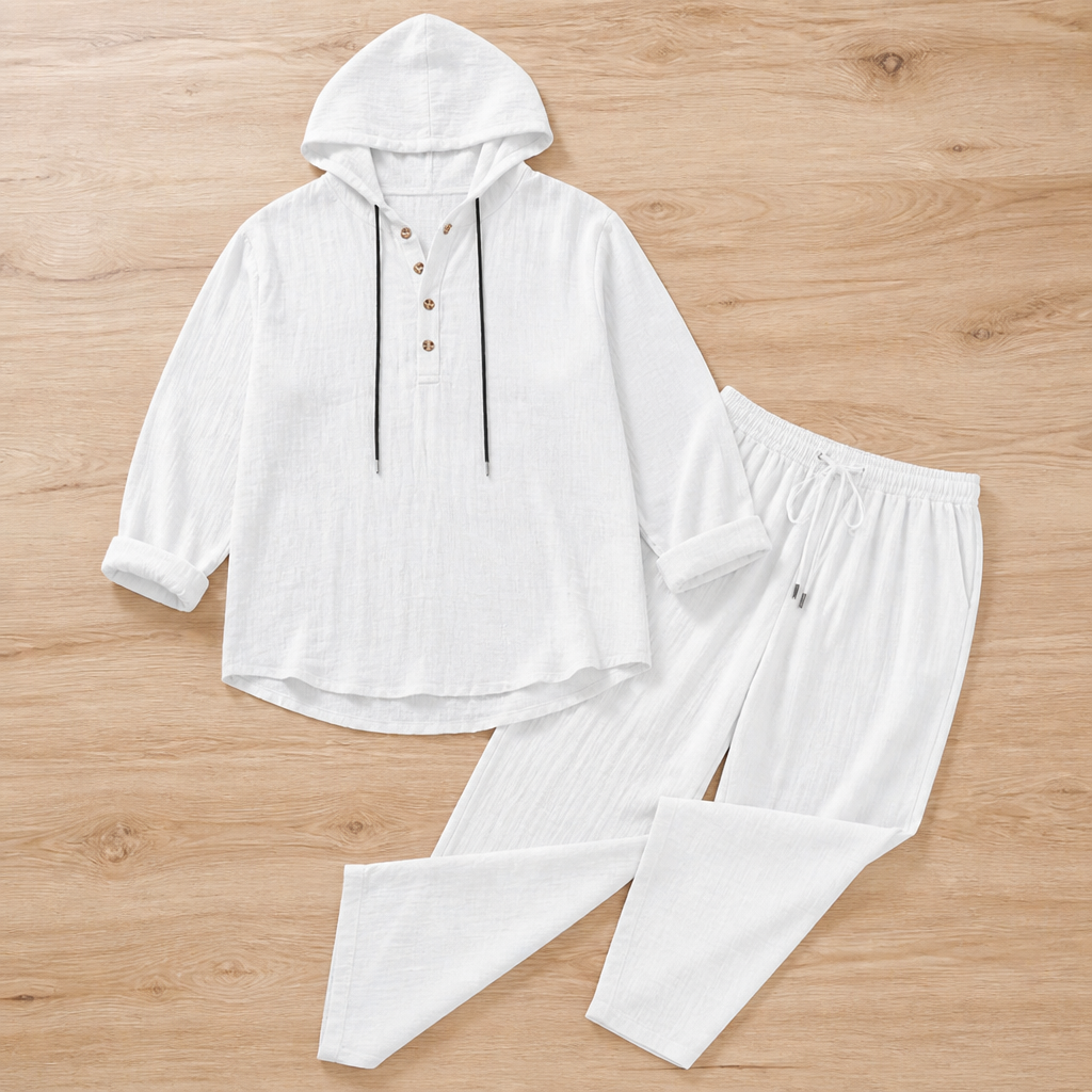 VeloShift – Relaxed Linen-Blend Hooded Set with Button Henley Top | elesira