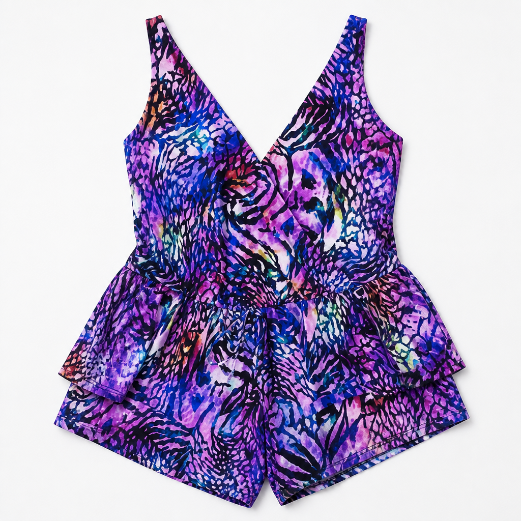 SolaraMist – Áttetsző, V-nyakú fürdőruha-playsuit akvarellmintával | elesira