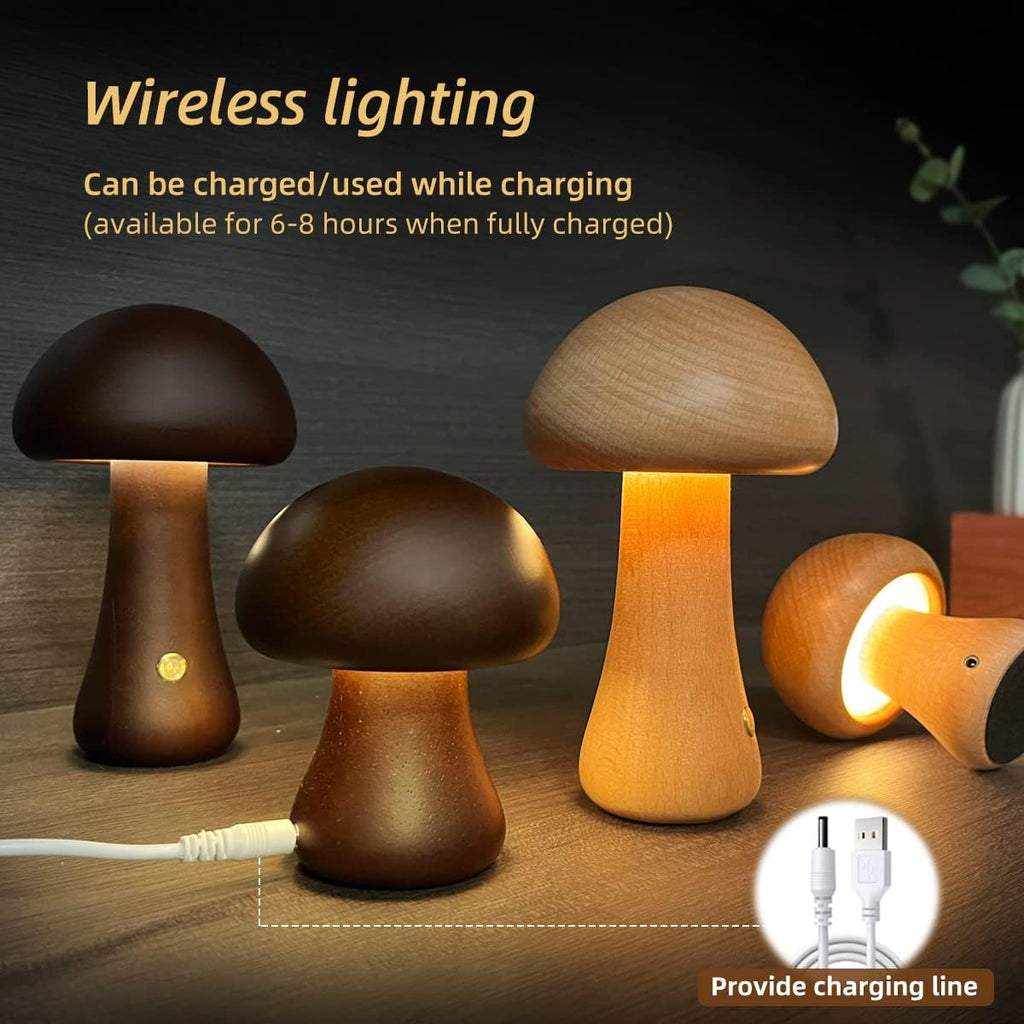 LUMONIGHT | Wooden Mushroom LED Night Light with Touch Switch | Atmospheric Lighting | Child Friendly Lamp | elesira