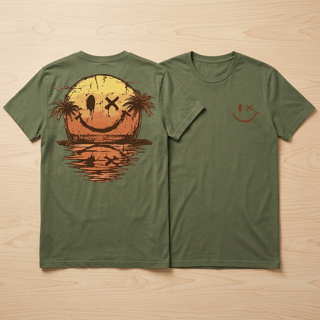 SolaraWave – Retro Sunset Smiley Graphic Tee with Front & Back Print | elesira