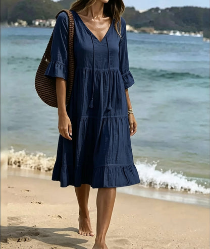 Robe Midi à Volants Étagés — Col V et Glands Bohème