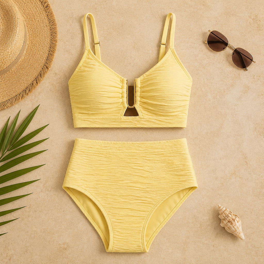 VeloraCurve – Maillot de bikini taille haute gainant le ventre avec armature en U dorée | elesira