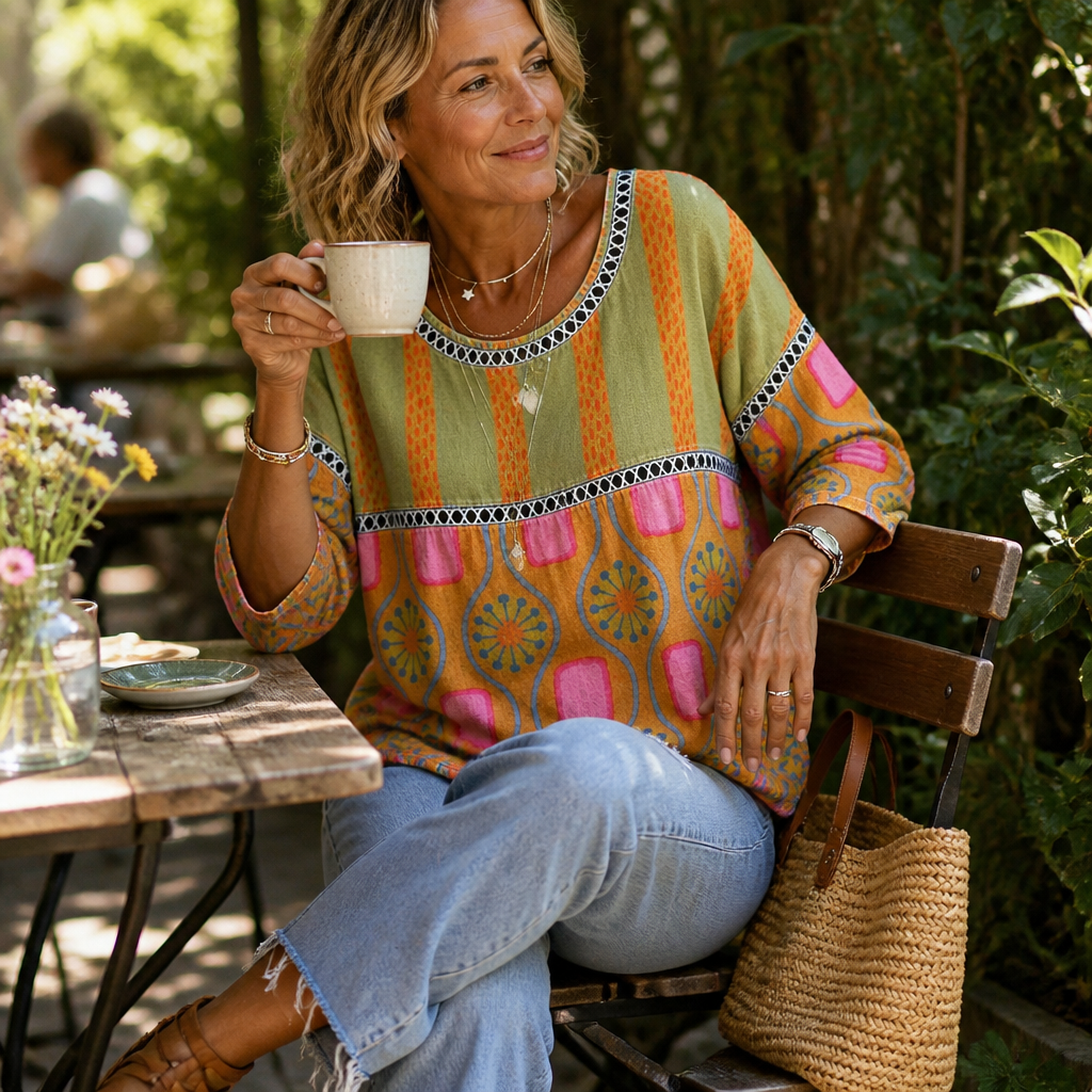 VivaLuxe – Uvolněný top s boho inspirací, kombinující různé vzory a rukávy 3/4 | elesira