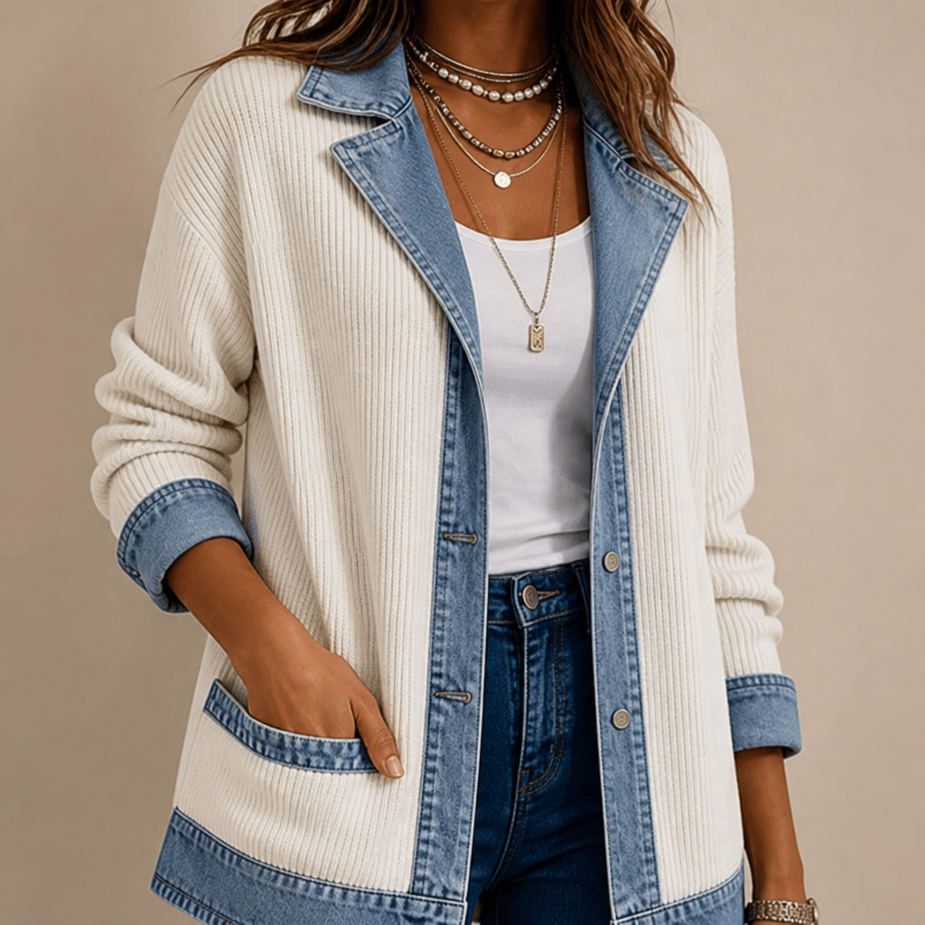 SolaceRidge – Weiche gerippte Strickjacke mit kontrastierendem Denim-Besatz | elesira