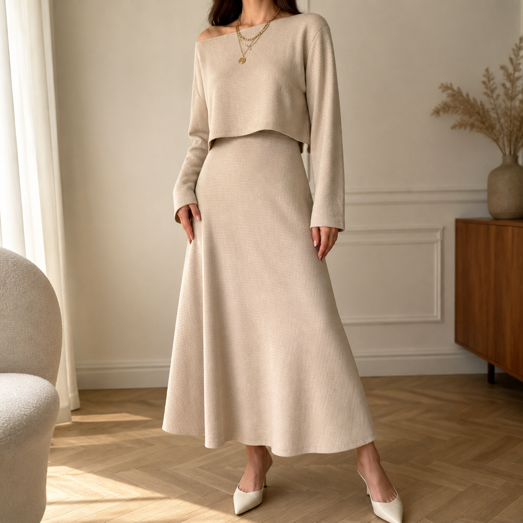 VivaBella – Elegantes zweiteiliges Strickset mit asymmetrischem One-Shoulder-Oberteil | elesira