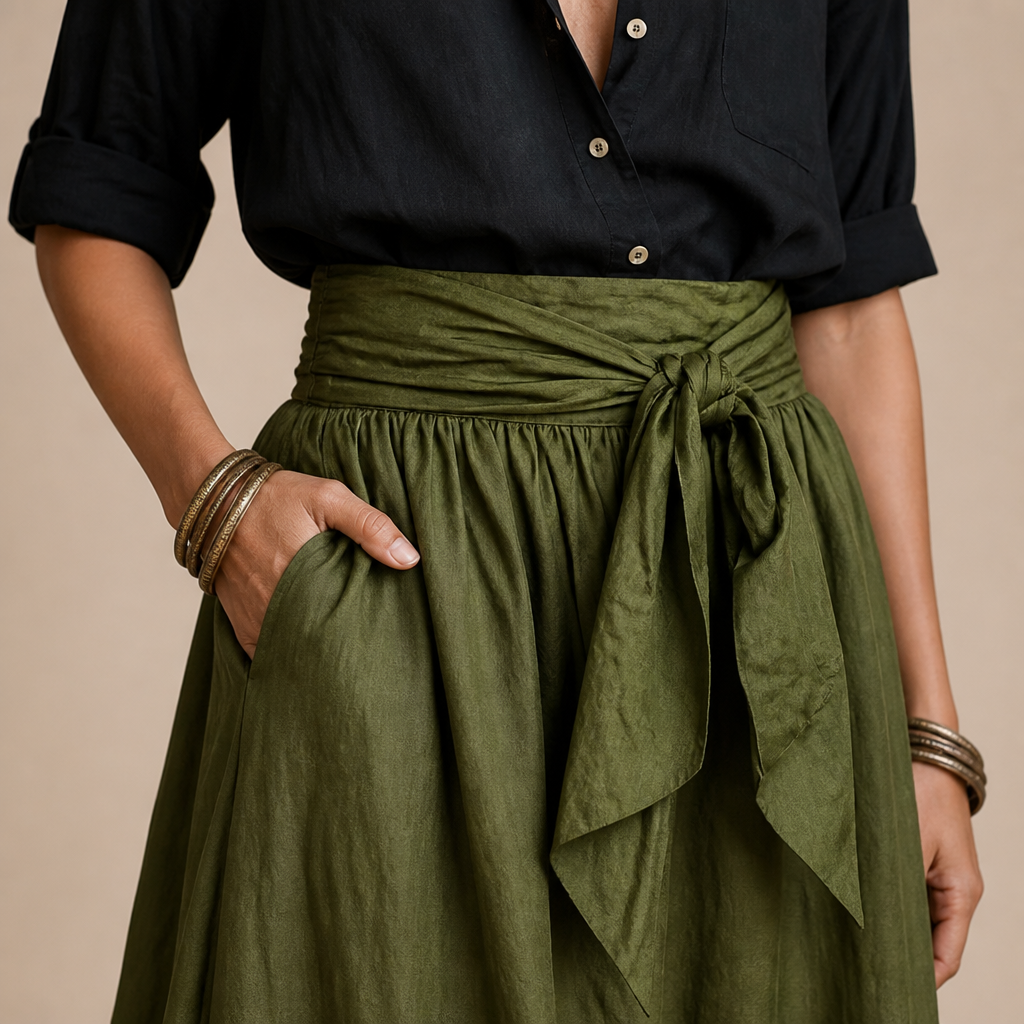 Veloura – Ensemble décontracté composé d’une chemise en lin et d’une jupe midi olive à taille nouée | elesira