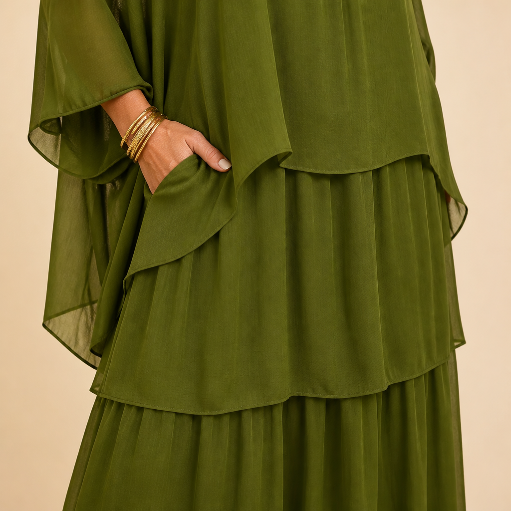 VeroLuxe – Flowy Tiered Maxi Dress with Cape Sleeves | elesira
