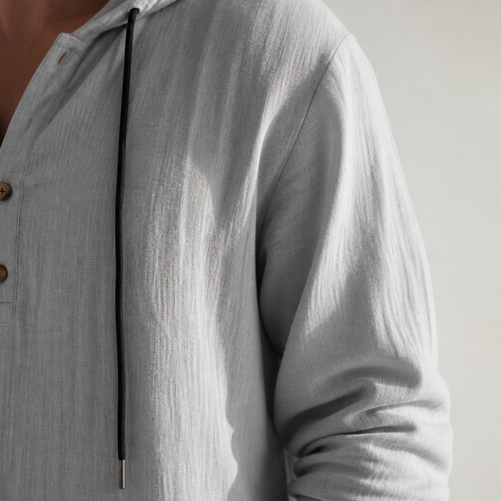 VeloShift – Relaxed Linen-Blend Hooded Set with Button Henley Top | elesira