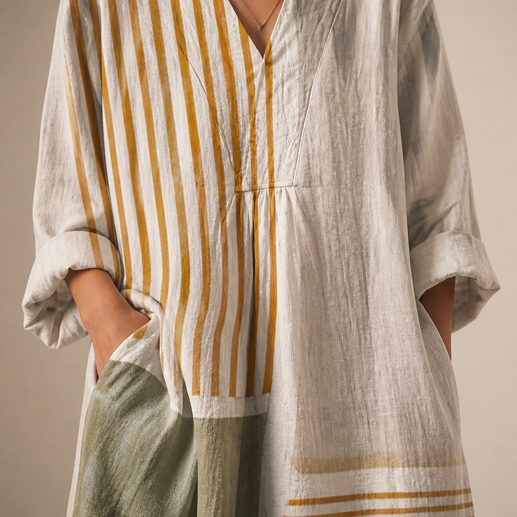 ZephyraFlow – Relaxed Striped Patchwork Linen Maxi Dress | elesira