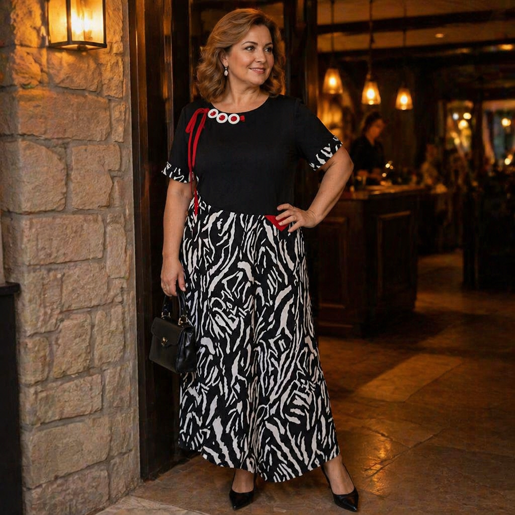 VeraNite – Auffälliges Maxikleid mit Zebra-Patchwork und rotem Akzentdetail | elesira