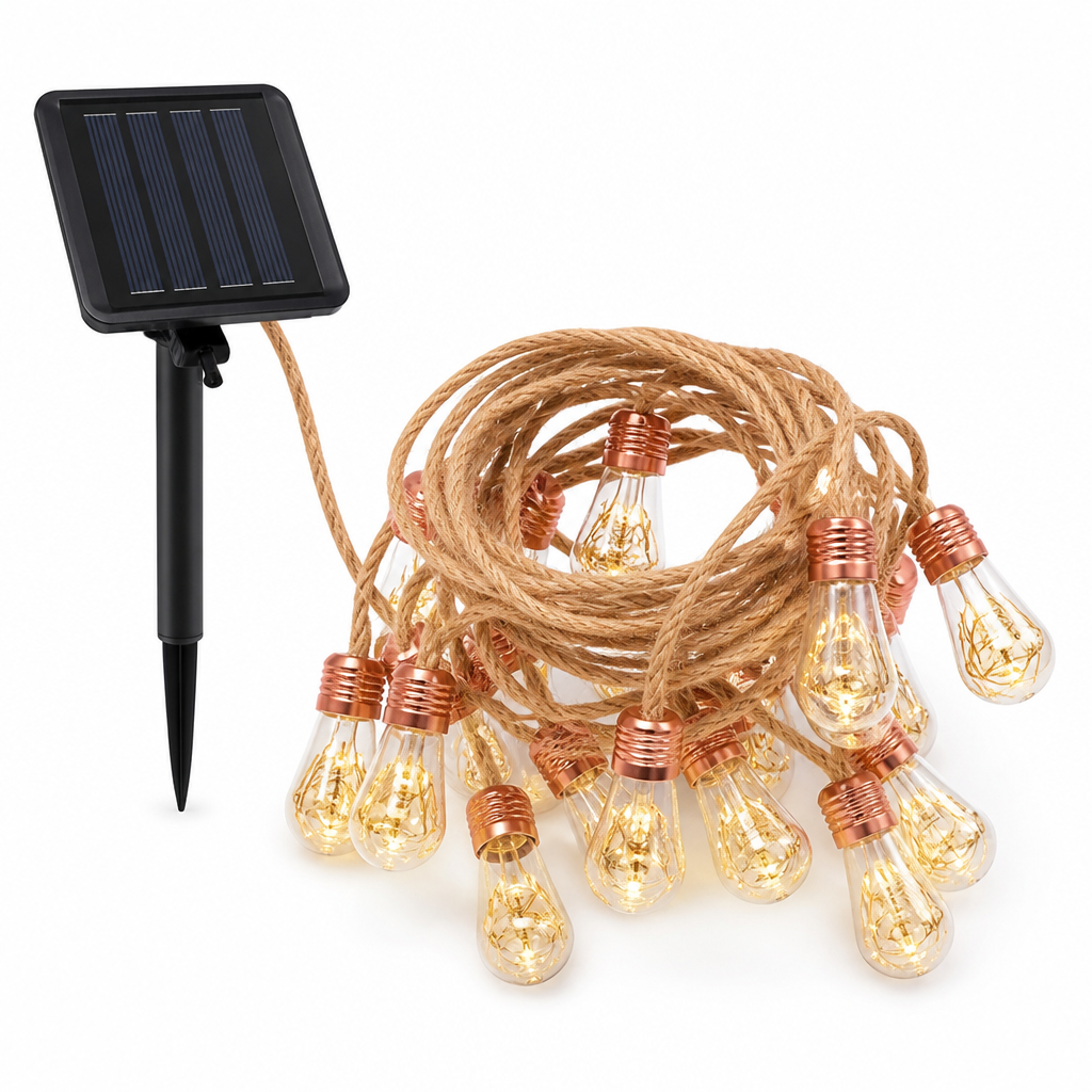 Ghirlandă luminoasă de exterior cu frânghie din cânepă, alimentată solar (impermeabilă IP55) | elesira