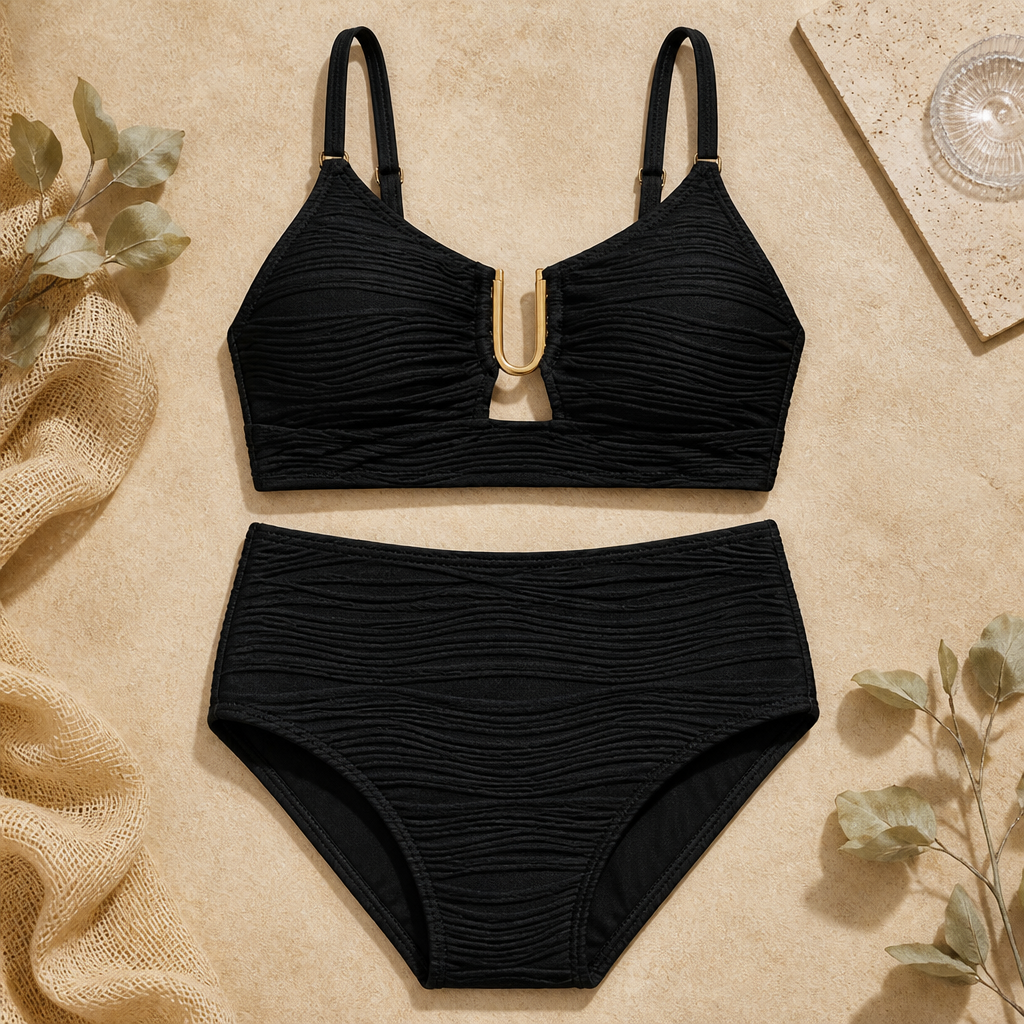 VeloraCurve – Maillot de bikini taille haute gainant le ventre avec armature en U dorée | elesira