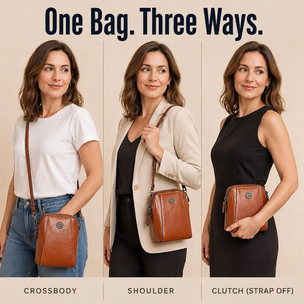 VividAura | Sac bandoulière en cuir souple pour ranger téléphone, cartes et rouge à lèvres dans un seul accessoire | elesira
