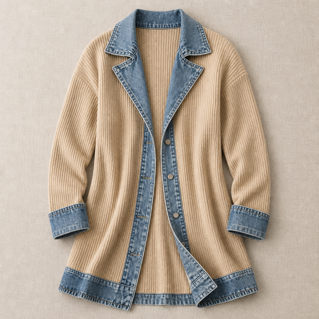 SolaceRidge – Weiche gerippte Strickjacke mit kontrastierendem Denim-Besatz | elesira
