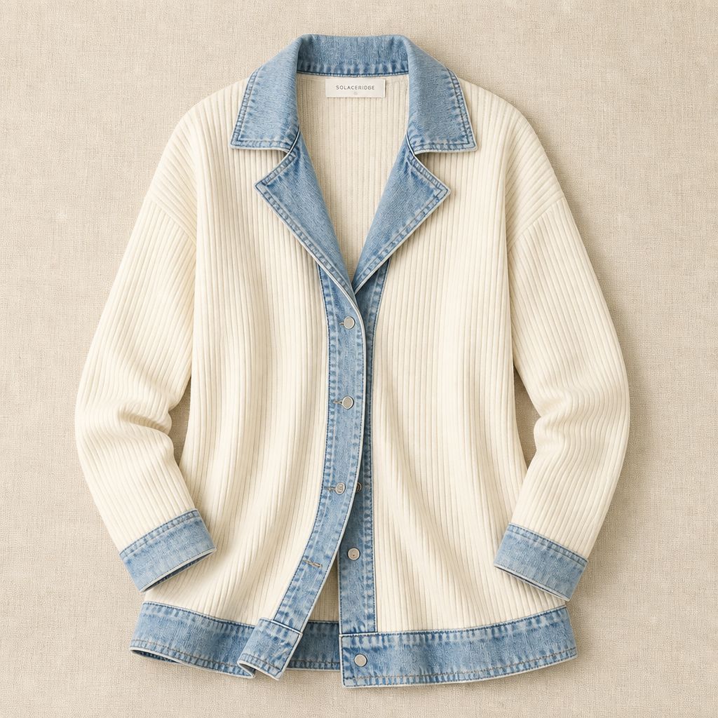 SolaceRidge – Weiche gerippte Strickjacke mit kontrastierendem Denim-Besatz | elesira