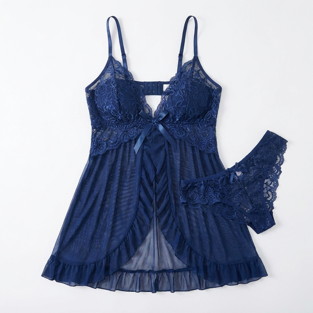 Soirée – Lace V-Neck Babydoll Set Featuring Sheer Mesh Skirt | elesira