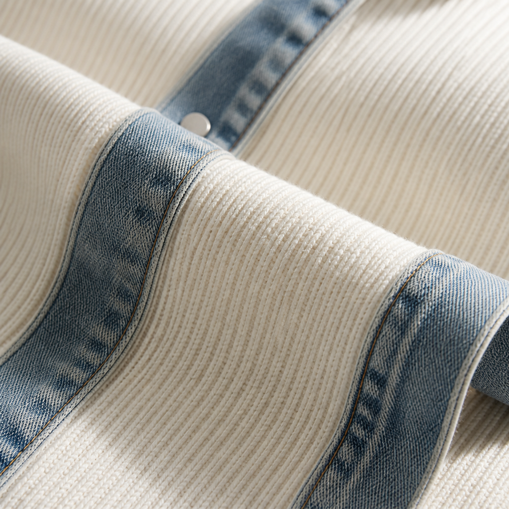 SolaceRidge – Weiche gerippte Strickjacke mit kontrastierendem Denim-Besatz | elesira
