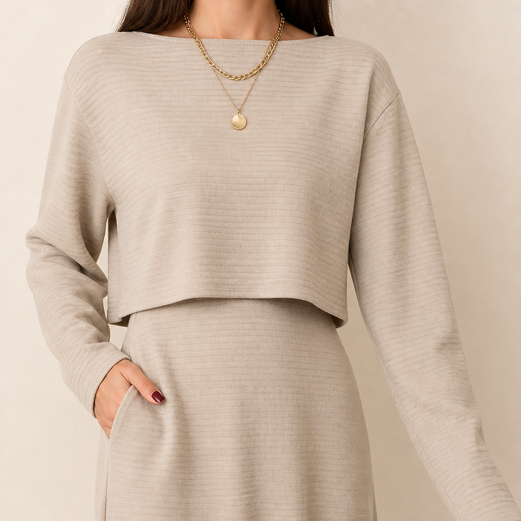 VivaBella – Elegantes zweiteiliges Strickset mit asymmetrischem One-Shoulder-Oberteil | elesira