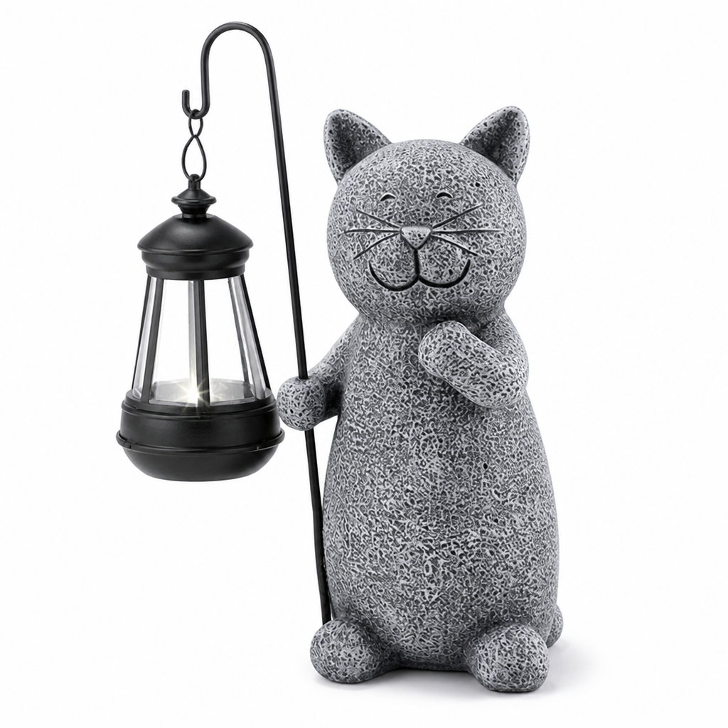 Candeeiro de jardim com figura de gato, à prova de intempéries e alimentado por energia solar | elesira
