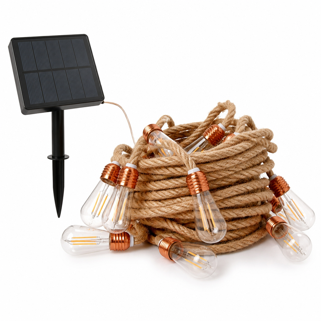 Ghirlandă luminoasă de exterior cu frânghie din cânepă, alimentată solar (impermeabilă IP55) | elesira