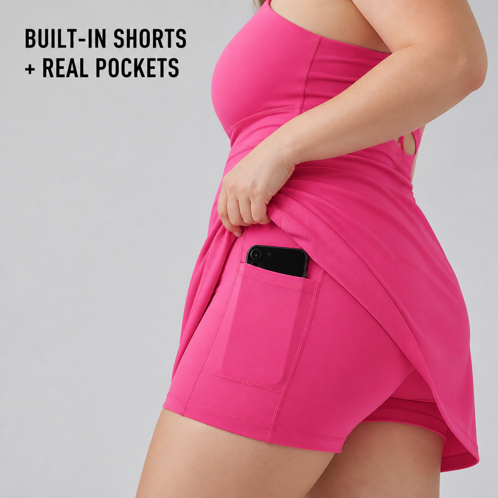 VerveStride – Athletic Backless Dress Featuring Integrated Shorts & Side Pockets | elesira