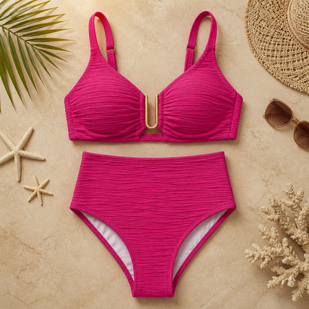 VeloraCurve – Maillot de bikini taille haute gainant le ventre avec armature en U dorée | elesira