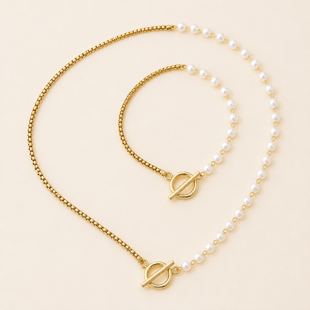 ViraLuxe – gouden asymmetrische parel- en kettingketting- en armbandenset | elesira