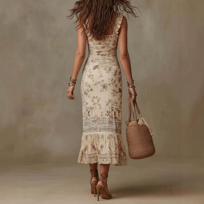 Robe Midi à Bretelles — Taille Cintrée et Fronces Romantiques