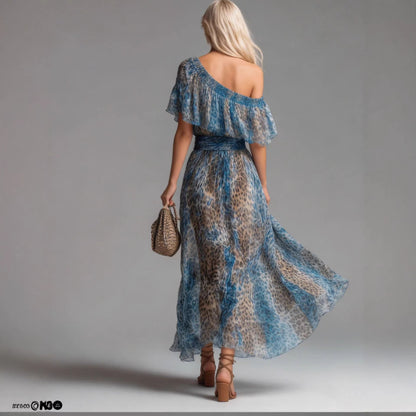 Robe Panthère — Évasée Léopard Épaule Dénudée Boho