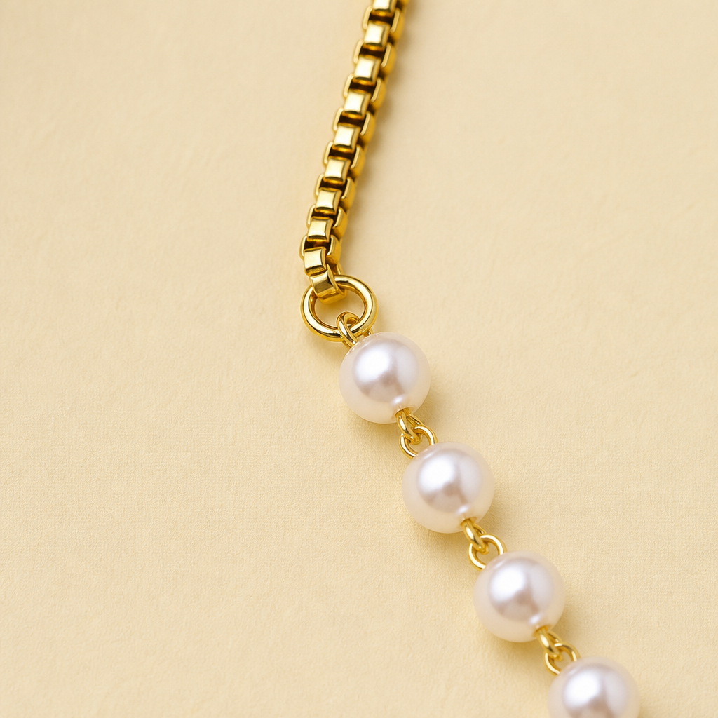 ViraLuxe – Gold Asymmetric Pearl and Chain Necklace & Bracelet Set | elesira