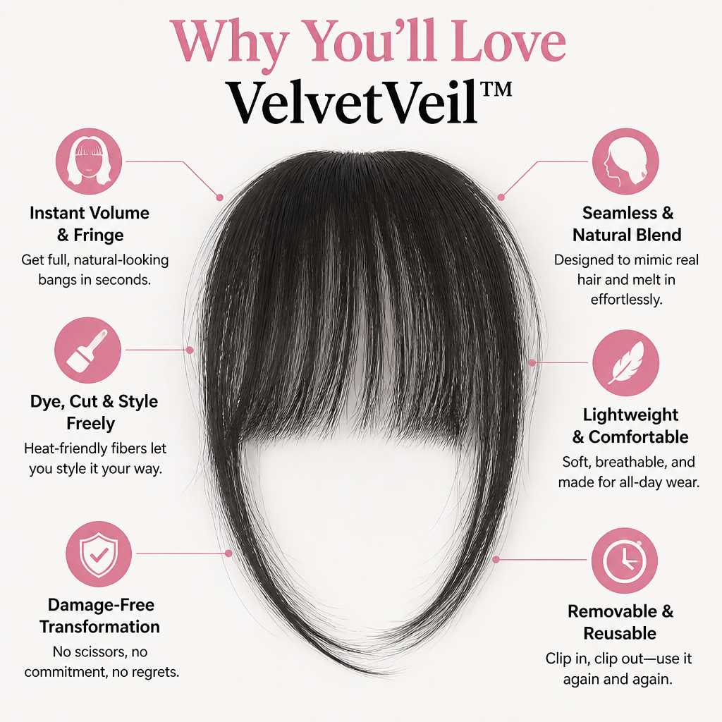 VelvetVeil | Instantly Own Every Room with Effortless, Flawless Bangs | elesira
