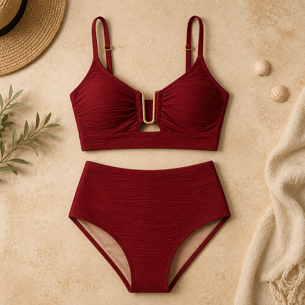 VeloraCurve – Maillot de bikini taille haute gainant le ventre avec armature en U dorée | elesira