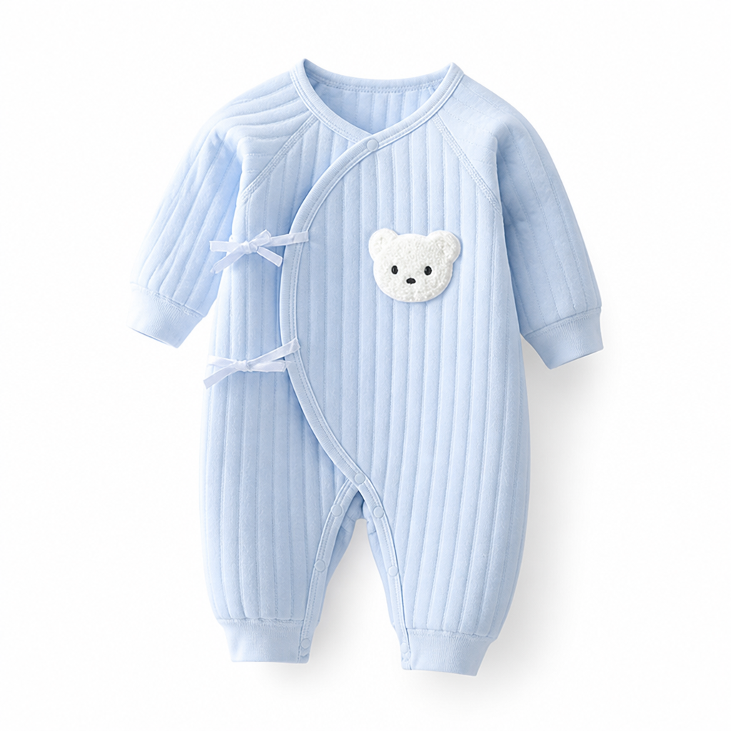 Soft 100% Cotton Press-Stud Baby Romper (Bear Applique) | elesira