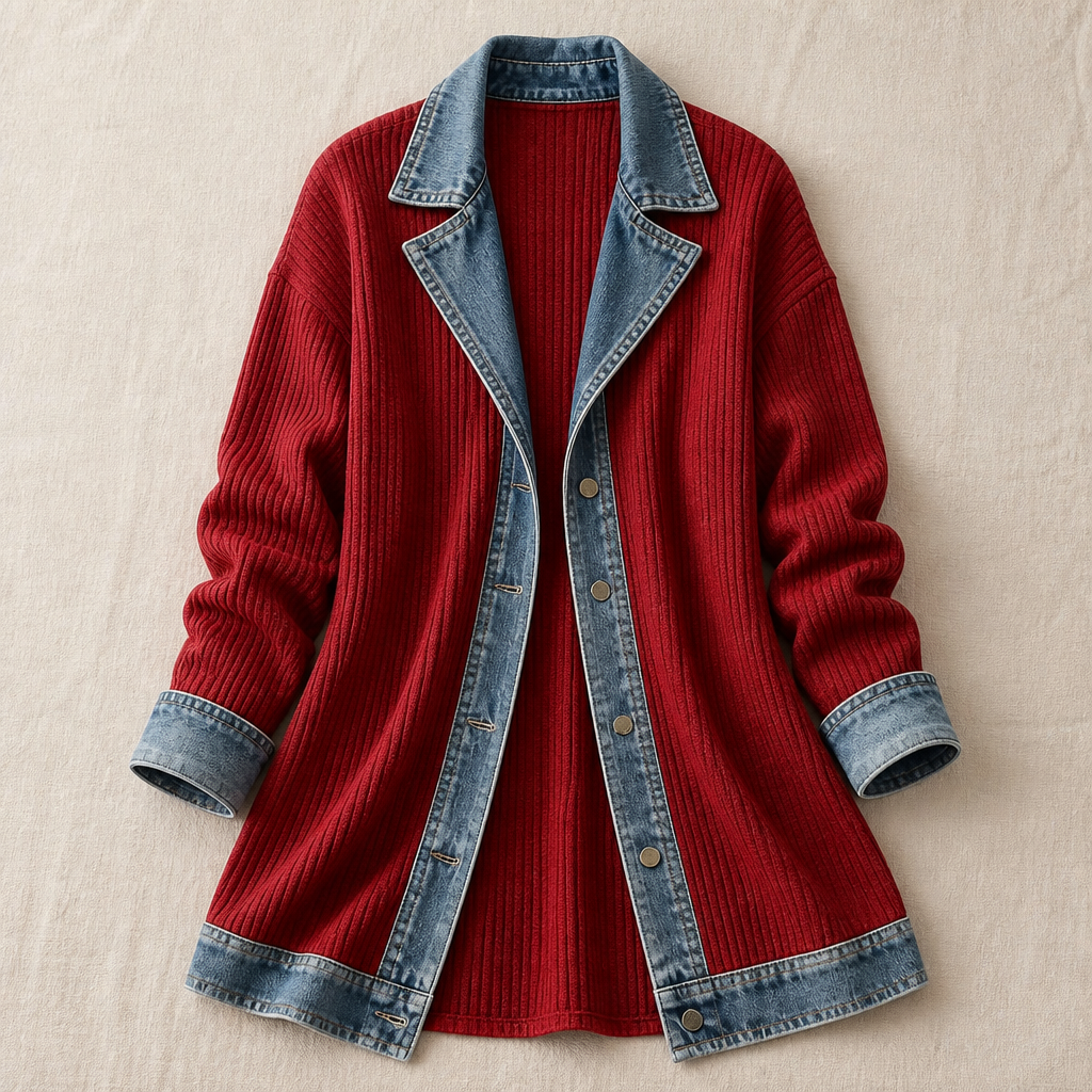 SolaceRidge – Weiche gerippte Strickjacke mit kontrastierendem Denim-Besatz | elesira