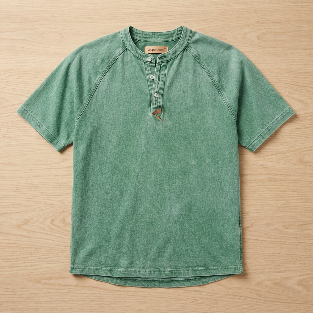 VesperLoom – Vintage Mineral-Wash Raglan Henley Tee | elesira