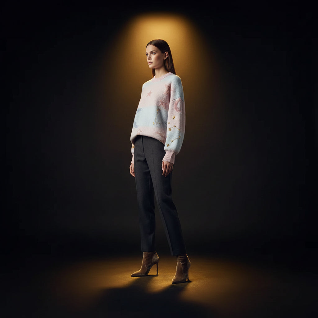 Pull Femme Maille Douce Motifs Lune & Étoiles