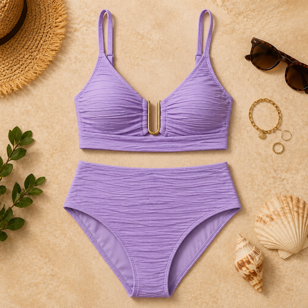 VeloraCurve – Maillot de bikini taille haute gainant le ventre avec armature en U dorée | elesira