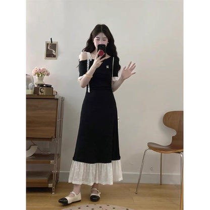 Robe Longue à Empiècement en Dentelle — Coupe Cintrée Élégante