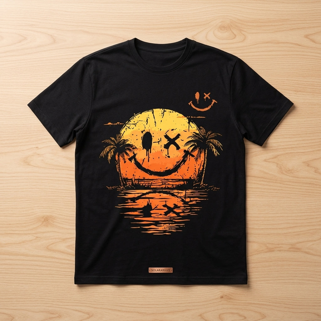 SolaraWave – Retro Sunset Smiley Graphic Tee with Front & Back Print | elesira
